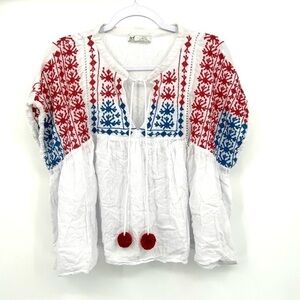 ZARA TRF Boho Pull Over Size Medium Oversized White Pom Pom Blouse EUC